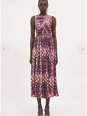 Ulla Johnson Purple and Peach Printed Sleeveless Midi Dress